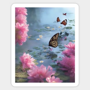 Water lilies, flowers and butterflies Sticker